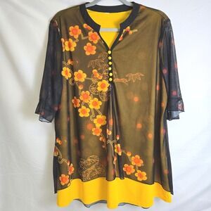Floral Blossom‎ Yellow Orange Black Top Button Details Sheer Ruffle Sleeve Large